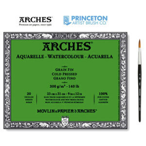 Blocco Aquarell Collato su 4 lati 20 fogli - 23 x 31 cm - Grana Fine - 300 g/m² + Pennello Princeton Simil Martora - Arches