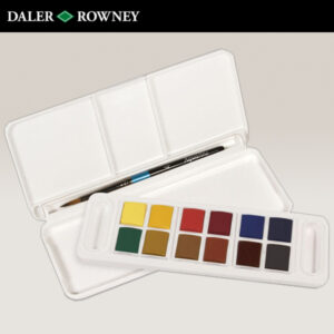 Travel Set, cof. plastica, 12 Mezzi Godet + Pennello + Tavolozza Aquafine Daler Rowney