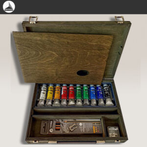 Cassetta in Legno in multistrato di betulla Vintage Jeans, Tempera Fine 31X25 cm, tavolozza 10 tubetti assortiti 20 ML, 1 Lyra Graphite set Maimeri